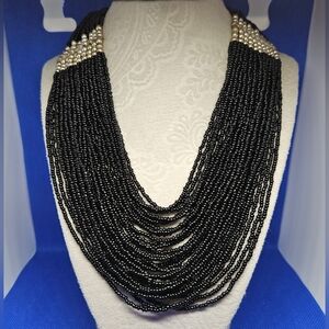 Multi Strand Black Seed Bead Statement Necklace Silver Tone Accent Beads Vintage